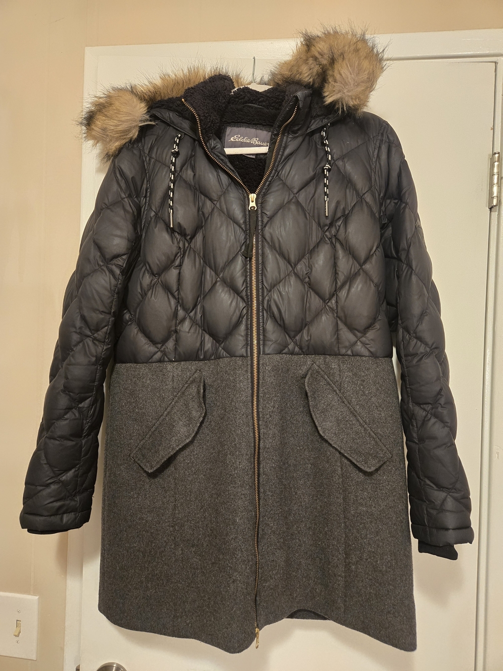 Eddie Bauer • Lanely | Black, Gray Wool-Blend Hooded Coat with Faux Fur Trim